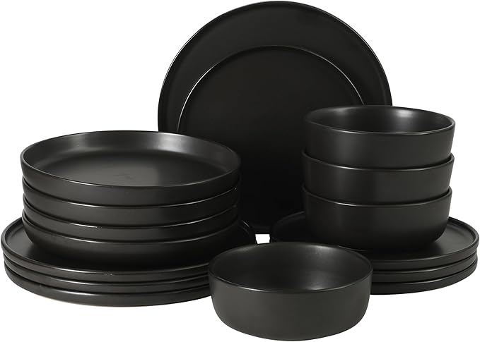 Gibson Elite Bayou Moon Plates and Bowls Sets, 16-Piece Black Matte Stoneware Dinnerware Sets, Solid Color Reactive Glaze Dish Set