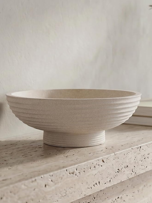 Minimalist Decorative Pedestal Bowl, 11.2''D Resin Horizontal Stripes Catch All Bowl for Keys, Candles, Boho Large Dish for Coffee Table Centerpiece, Entryway Console Table, Beige White