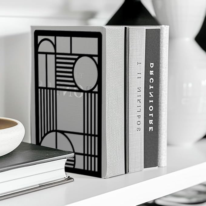 Peacoblue Metal Bookends for Shelves, Modern Decorative Heavy Duty Study Book Ends Stoppers for Office, Desk, Shelf, Room 5.3"x4.3"x7.9" Cast Iron Simple Tall Bookends 1 Pair (Geometry Lines)