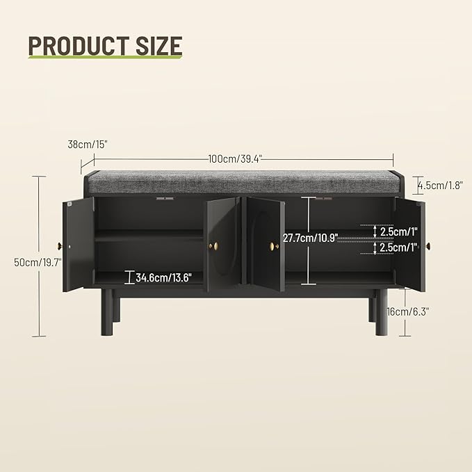 Shoe Storage Bench, 2-Tier Entryway Bench with Cushion, 15" D x 39.4" W x 19.7" H, Shoe Cabinet Bench with 4 Doors and Adjustable Shelves, for Entryway, Hallway, Bedroom, Living Room, Black