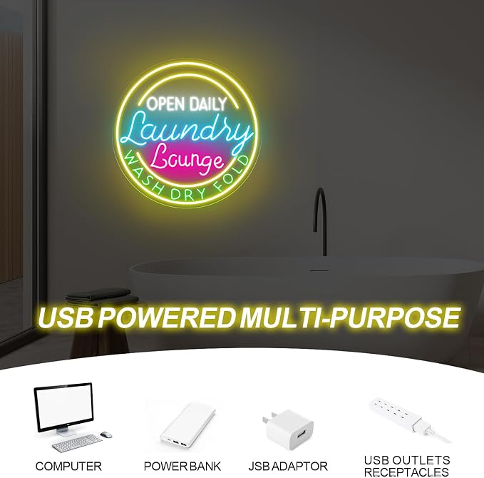 Laundry Lounge OPEN DAILY Neon Sign, Full-Service Laundromat Storefront Sign with Wash Dry Fold Lettering, Commercial Laundry Business Window Display, Dimmable USB Powered, 18.9x18.9"