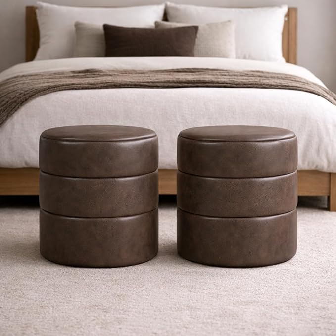 HomePop 18" Round Ottoman - Brown Faux Leather