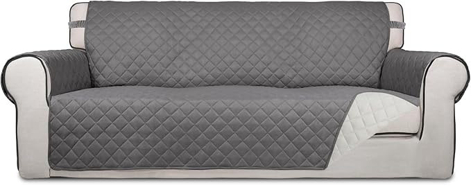 PureFit Reversible Quilted Sofa Cover, Water Resistant Slipcover Furniture Protector, Washable Couch Cover with Non Slip and Elastic Straps for Kids, Dogs, Pets (Sofa, Gray/Ivory)