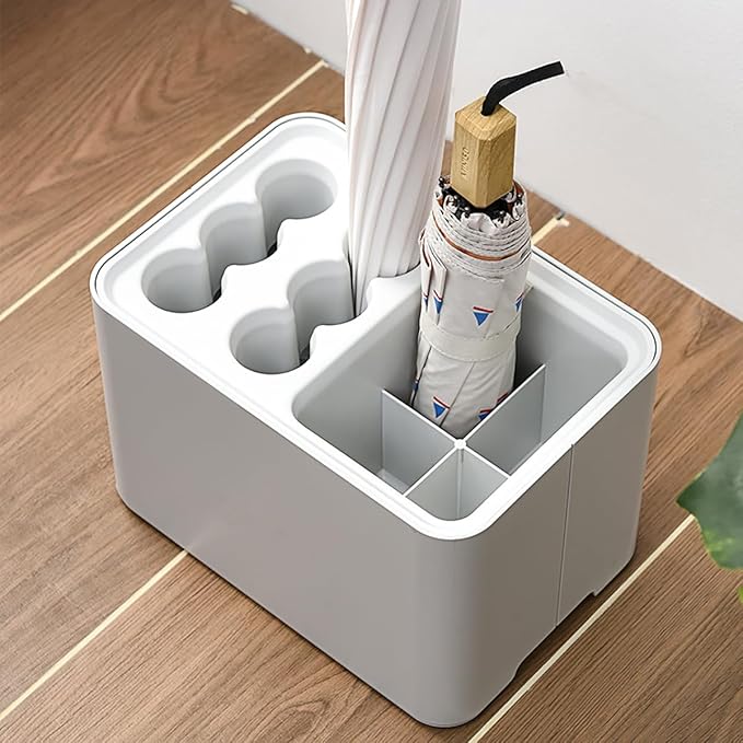Elsjoy White Umbrella Holder, Entryway Umbrella Stand Small Umbrella Organizer Rack with Removable Drip Tray, Umbrella Storage Container for Long & Folding Umbrella, Parasol, Store 10 Umbrella