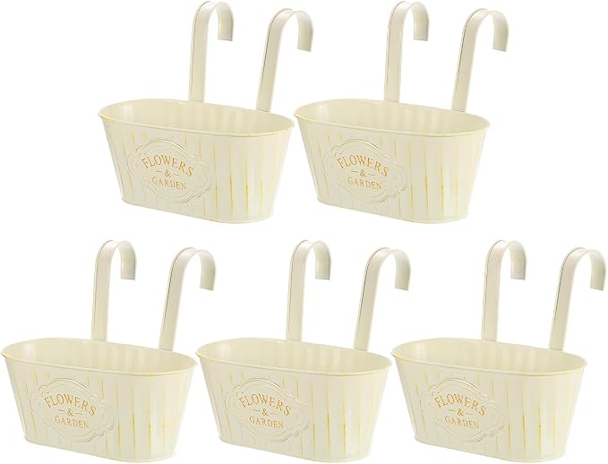 uxcell 5Pcs Metal Hanging Flower Pots for Railing Fence, 11" Railing Planter Box with Detachable Hooks Drainage Holes for Outdoor Plants Balcony Garden Home Decor, White Flowers