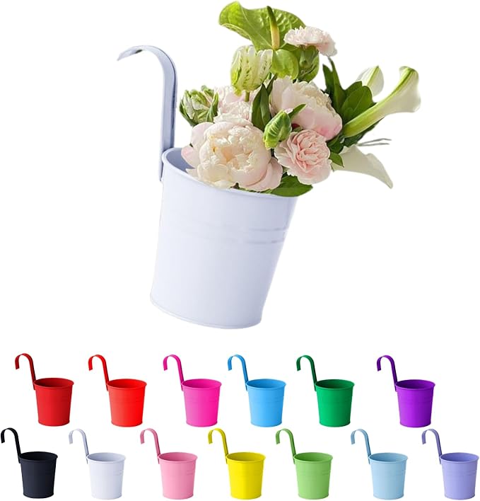 Hanging Flower Pots For Railings, Hanging Galvanized Metal Flower Pot with Hook, Tinplate Hanging Buckets for Garden Balcony Flowers, Colorful Planter for Flowers Grasses and Succulents (White)