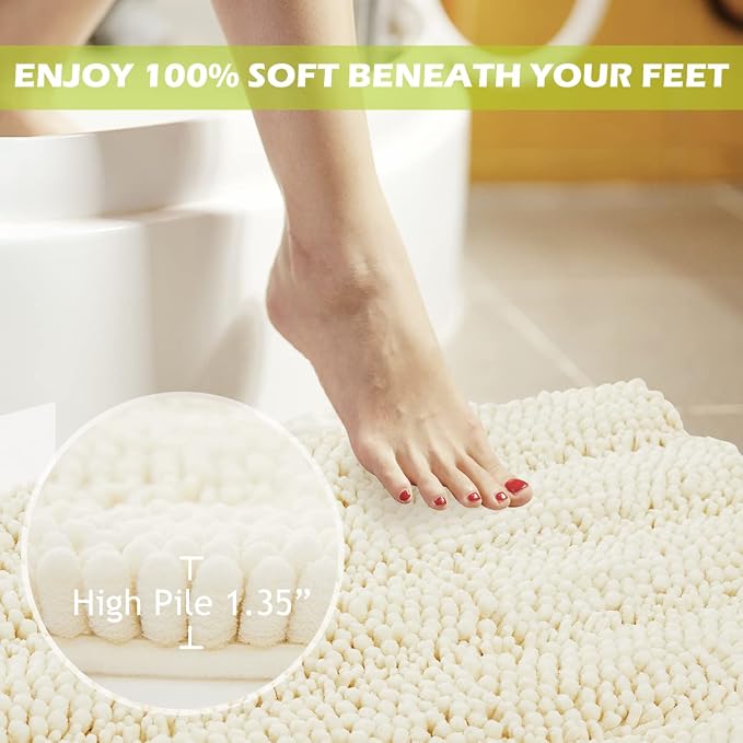 KGORGE Bath Mat for Bathroom - White Super Soft Shower Rug Non-Slip Washable Absorbent Quick Drying Chenile Bathtub Floor Carpet, Cream,60" x 24", 1Piece