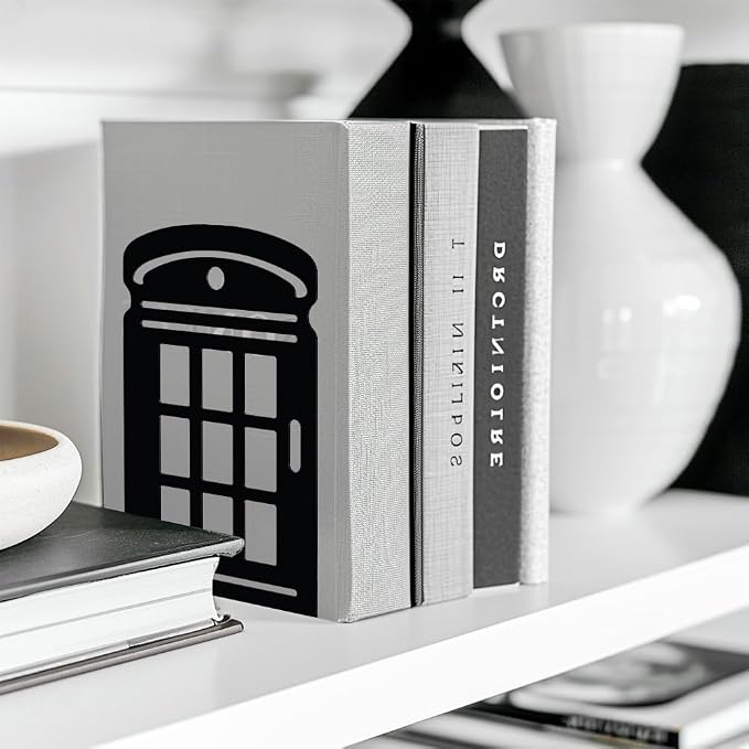 Peacoblue Metal Bookends for Shelves, Modern Decorative Heavy Duty Study Book Support Stoppers for Office, Desk, Shelf, Room 5.3"x4.3"x7.9" Cast Iron Simple Tall Bookends, 1 Pair (Telephone Booth)