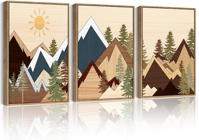 PHOPAGO Mountains Framed Wall Art Morden Boho Woodcut Pine Tree Forest Nature Landscape Artwork Bohemain Kitchen Farmhouse Rustic Home Decor - 11x14in Natural Framed
