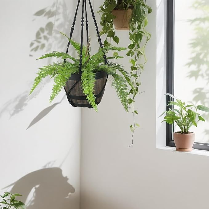 Bouqlife 43 Inches Macrame Plant Hanger Large for 14 inch Pot Extra Long No Tassel Cotton Rope Hanging Plant Holder with Hooks Bohemian Home Décor Black 2Pack