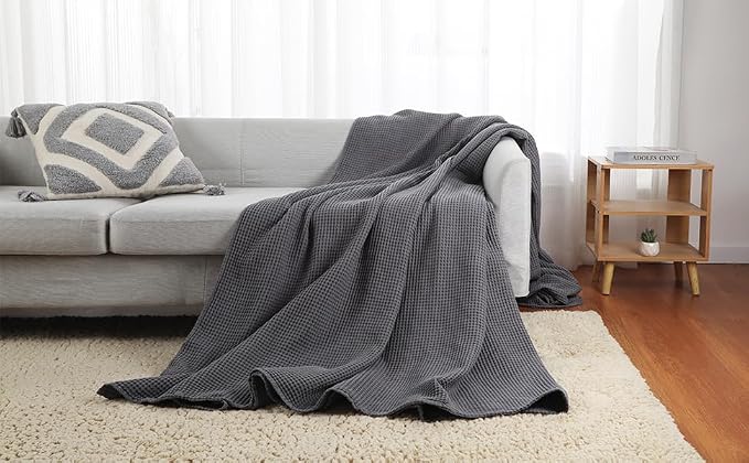 100% Cotton Waffle Blanket (Dark Grey - Twin Size - 66 * 90''), Pre-Washed and Anti-Shrinkage Soft Lightweight Bed & Couch Blanket, 380 GSM Waffle Weave Throw Blanket for All Seasons