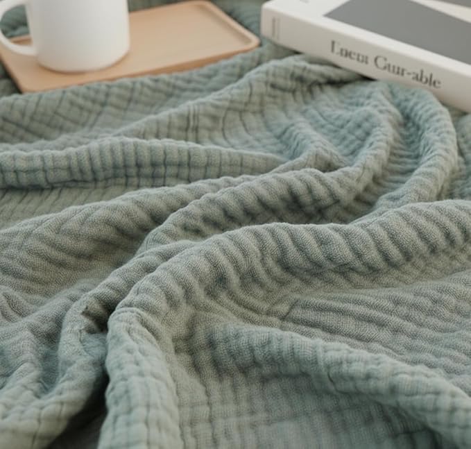 KyraHome 100% Organic Cotton Muslin Throw Blanket, 90"x90" Queen Size, Plant Dyed, Warm, Breathable Gauze Muslin Cotton Blankets for Bed, Cocuh, Coverlet, All Season, Sage Green