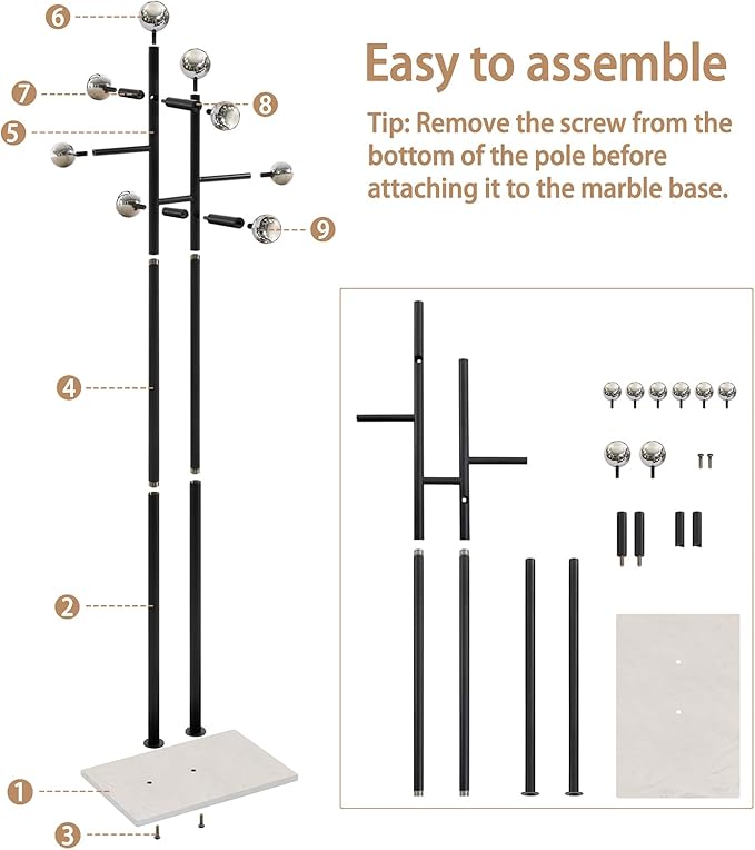 JIAYUEJU Coat Rack Freestanding with Marble Base Sturdy Coat Tree Heavy Duty Clothes Rack for Entryway Bedroom Living Room Hotel 14.96 x 10.24 x 68.9 Inches (Black)
