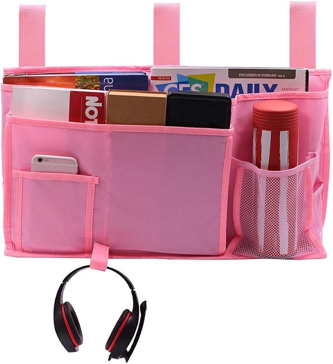 Sugaroom Bedside Storage Caddy, Bunk Bed Organizer Bed Storage Pocket Bedside Organizer Hanging Bed Storage Caddy for College Dorm Room, Hospital Bed Rails, Baby Bed, Camp (Pink)
