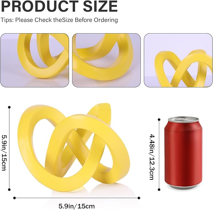 DOVDOV Yellow Knot-Decorated Sculpture, Yellow Home Decor Aesthetics, Möbius Strip Sculpture, Suitable for Decorating Bookshelves, Living Room TV cabinets, Office cabinets, and Coffee Tables.