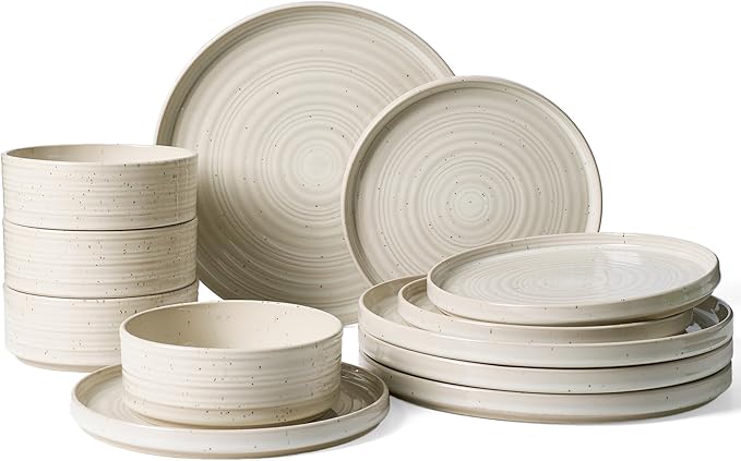 12-Piece Stoneware Dinnerware Set, High Edge Plates & Bowls with Reactive Glaze, Speckles & Spirals, Scratch Resistant Dish, Dishwasher Safe, Modern Rustic, Service for 4, Shell Beige