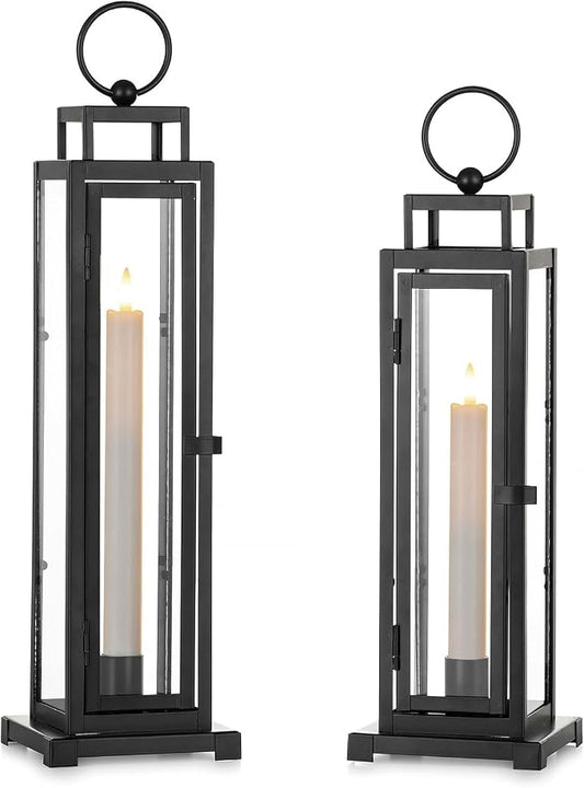 Black Lanterns Decorative Indoor Set of 2 : 13" & 15" Glass Outdoor Lantern Candle Holder with LED Taper for Patio Porch Fireplace Living Room Tall Modern Home Decor