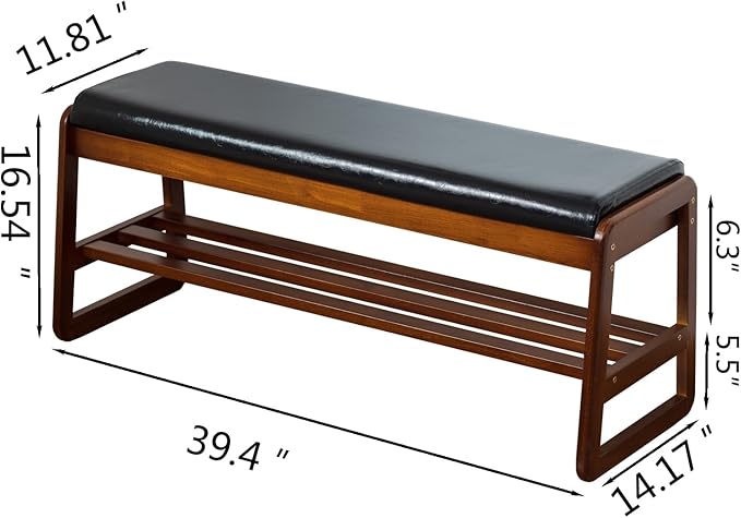 Shoe Bench with Storage - 2-Tier Entryway Bench, Solid Wood Shoe Rack with Cushion & Flip-Open Box, Mid-Century Modern for Hallway, Mudroom, Bedroom (Black, 39.4'')