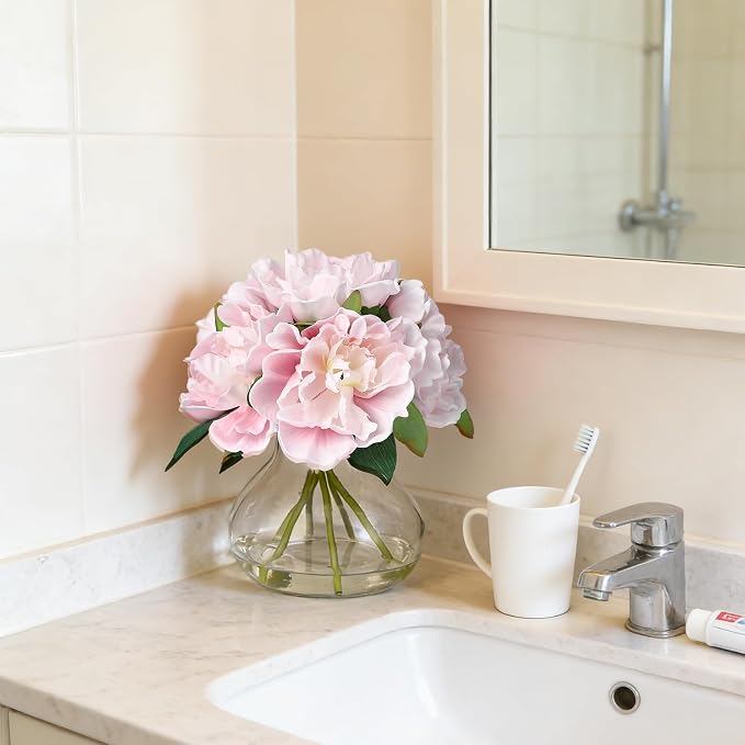 Pink Peony Bouquet in Glass Vase - 6 Piece Artificial Flower Arrangement with Faux Water for Wedding & Home Centerpieces