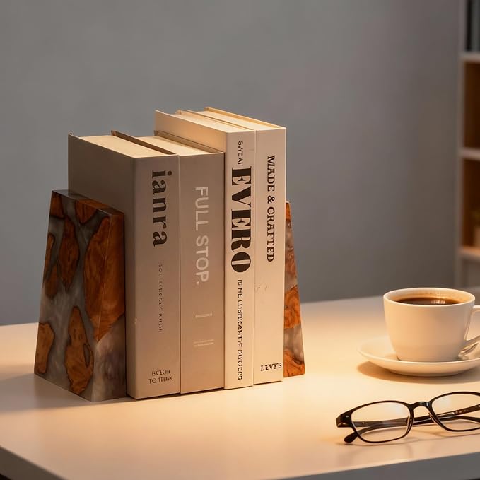 Resin Bookends Large Heavy Duty Bookends for Shelves, Unique Burl Wood Figure Book Ends for Study Office, Fancy Modern Decorative Book Supports for Bookshelf Organization (Pearlescent White)