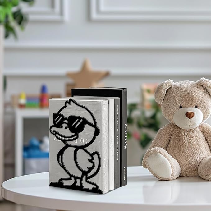 Peacoblue Metal Bookends for Shelves, Modern Decorative Heavy Duty Study Book Ends Stoppers for Office, Desk, Shelf, Room 5.3"x4.3"x7.9" Cast Iron Tall Bookends 1 Pair (Cute Duck with Sunglasses)