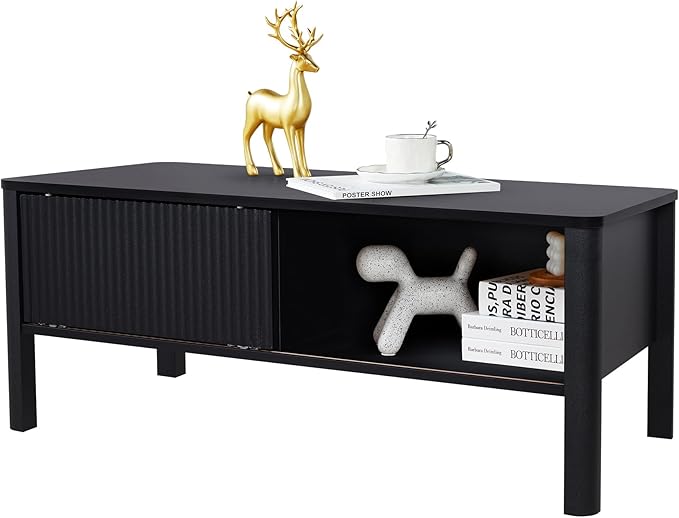 Rectangle Fluted Coffee Table with Storage and Sliding Drawers, Small Low Black Coffee Table, Mid Century Modern Coffee Table for Living Room