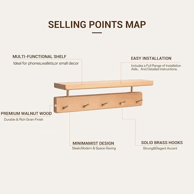 Wall Mounted Coat Rack with Shelf, Wooden Entryway Organizer with 8 Hooks, Wall Shelf with Hooks for Hallway, Bedroom, Bathroom (Beech, 24.41inch/62cm)