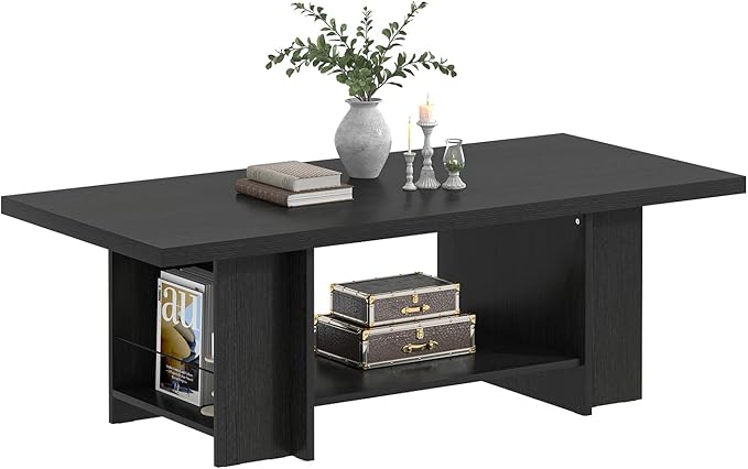 FOLUBAN Black Coffee Table with Storage Bottom Shelf & Side Shelves, Modern 2-Tier Living Room Center Table, Rectangular Wood Cocktail Tea Table for Home Office, 47 Inch