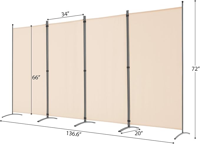 Spurgehom 4 Panel Room Divider Folding Privacy Screen, Freestanding Fabric Partition Portable Room Partition Wall Dividers for Home Office Room Restaurant, 136" W X 72" H (Beige)