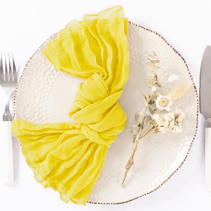 DeZerlor 12 Pack Lemon Yellow Cheesecloth Napkins Summer Cloth Napkins Set of 12 Dinner Napkins Bulk 21x21 Inches for Wedding Bridal Shower Baby Shower Parties