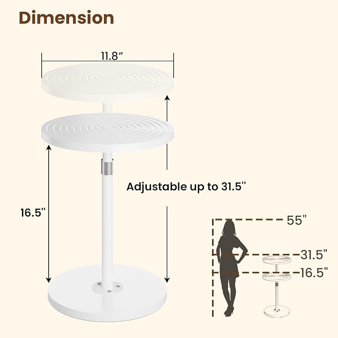 Asgolion Round Side Table, Small Drink Table for Small Spaces, Adjustable-Height Pedestal Martini Table, Weighted Base Cocktail Stand for Living Room, Bedroom, Bathroom, Nursery, Office, White