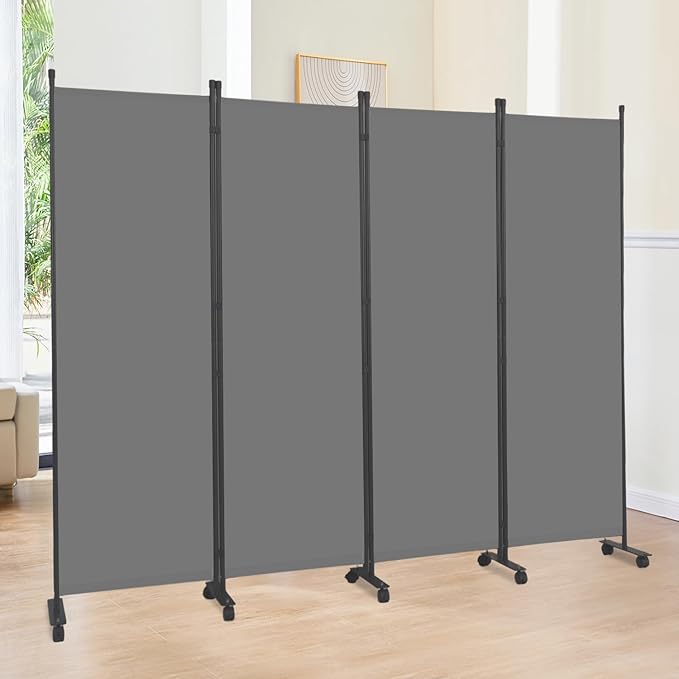Room Divider 6FT Room Partition with Lockable Wheels Room Dividers, Freestanding Indoor Folding Privacy Screens, Portable Fabric Wall Divider for (Light Grey, 88"- 4 Panel)