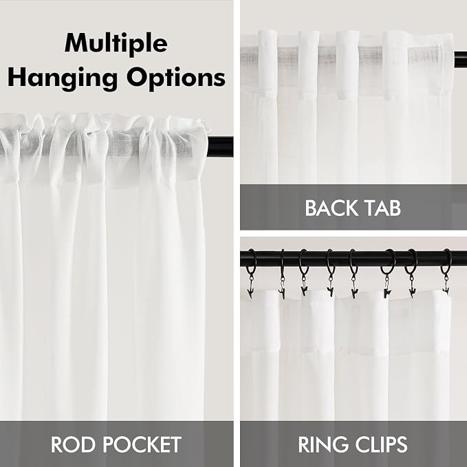 White Sheer Linen Curtains 90 inch Long Back Tab Light Filtering Living Room Drapes Linen Blend Farmhouse Minimalist Neutral Semi Sheer Curtain for Dining Room Bedroom 90 inch Length 2 Panels Set