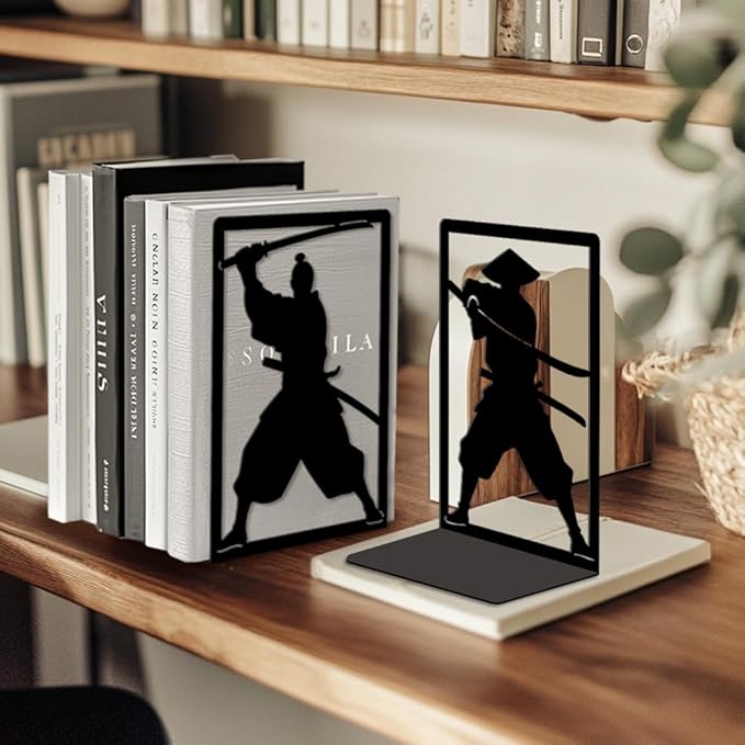 Peacoblue Metal Bookends for Shelves, Modern Decorative Heavy Duty Study Book Ends Stoppers for Office, Desk, Shelf, Room 5.3"x4.3"x7.9" Cast Iron Simple Tall Bookends 1 Pair (Japanese Samurai)