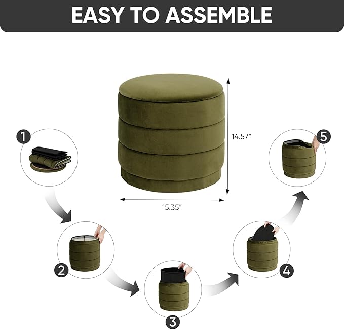 15" Upholstered Round Velvet Ottoman with Storage | Foldable Foot Rest Ottoman with Wooden Tabletop, Decorative Home Furniture for Living Room & Bedroom-Olive