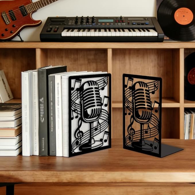 Peacoblue Metal Bookends for Shelves, Modern Decorative Heavy Duty Study Book Ends Stoppers for Office Desk Shelf, Room 5.3"x4.3"x7.9" Cast Iron Tall Bookends 1 Pair (Microphone with Musical Notes)