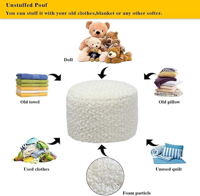 Poofieotto Unstuffed Pouf Ottoman Cover Handmade Footstool Ottoman Storage Solution Floor Pouf Footrest Cushion 20x12 Inches for Living Room Wedding Ivory