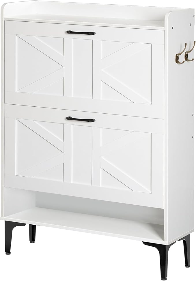MAHANCRIS Shoe Storage Cabinet, Shoe Organizer with 2 Flip Drawers, Hidden Shoe Storage for Entryway, Freestanding Organizer with Open Storages, White SHWT9401