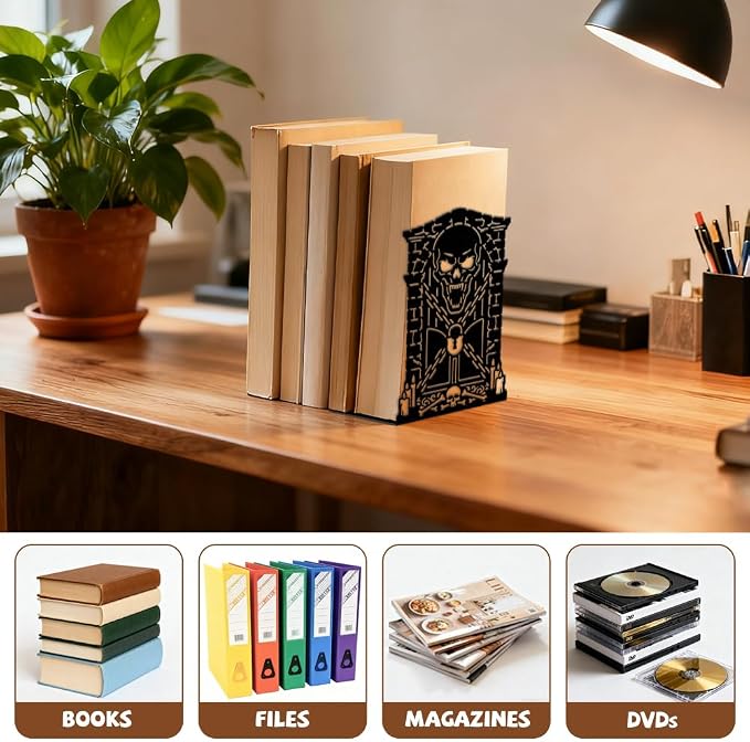Peacoblue Metal Bookends for Shelves, Modern Decorative Heavy Duty Study Book Ends Stoppers for Office, Desk, Shelf, Room 5.3"x4.3"x7.9" Cast Iron Simple Tall Bookends 1 Pair (Goth Hells Gate)