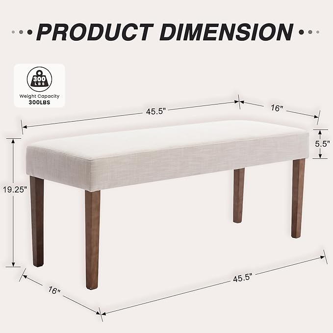 HNY Farmhouse Upholstered Dining Bench Seat, 45" Linen Entryway Bench with Natural Wood Legs, Mid Century Modern End of Bed Bench for Kitchen Bedroom Living Room Hallway, for 2-3 Person, Beige