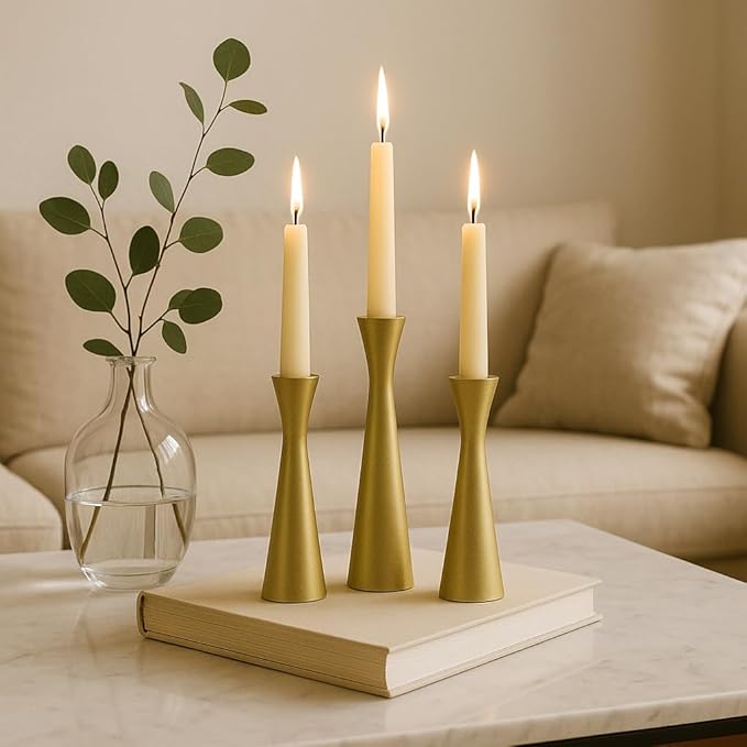 3 Gold Metal Candle Holders - Includes 3 Candles | Ivory 10" Taper | Dining Table Centerpiece | Wedding | Mid-Century Modern MCM Décor | Holiday | Housewarming Gift | Mantel | Foyer | Living Room