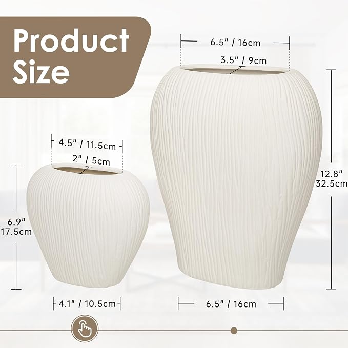 Slim Flat Ceramic Vase for Home Decor, 7" Ribbed Modern Flower Vase, Space-Saving Narrow Decorative Vase for Pampas Grass Artificial Flowers, Farmhouse Boho Table Centerpiece, White