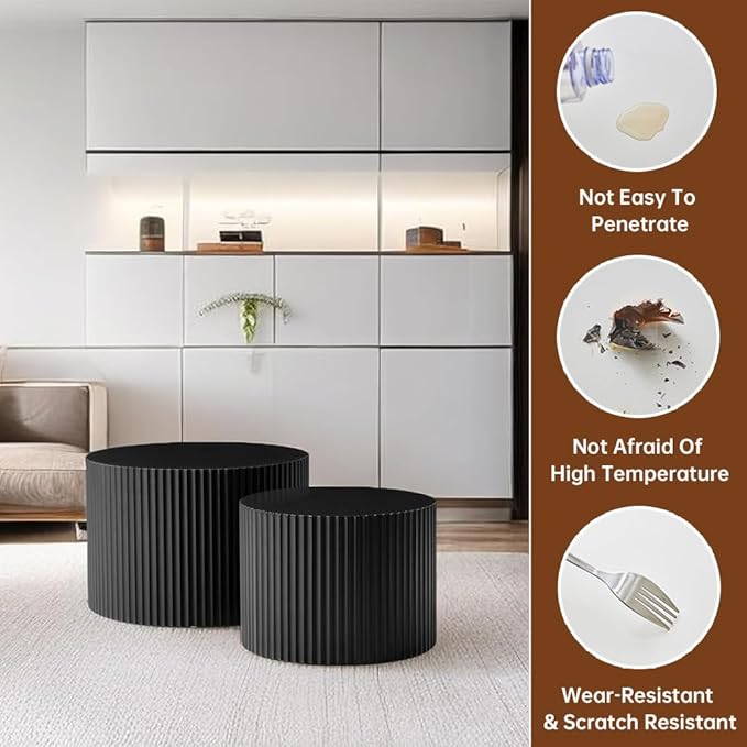 Round Nesting Coffee Table Set of 2 Modern Black Fluted Coffee Table Small Round End Table Side Table Circular Coffee Tables Circle Nested Coffee Tables for Living Room (Black Small)