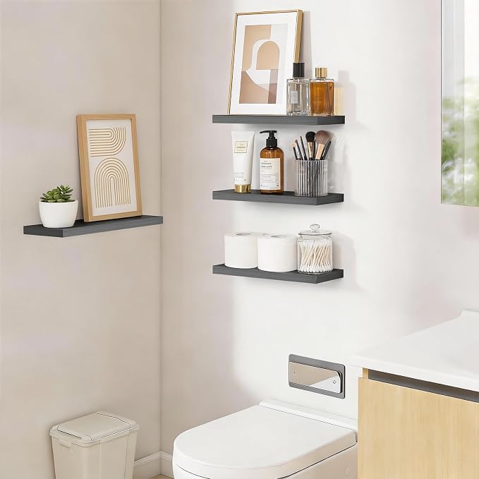 BAYKA Floating Shelves, Gray Wall Mount Rustic Wood Shelf 15.7in Set of 4 | Hidden Bracket Design, Max 22lbs Load, Multi-Wall Compatible, Easy Install, Ideal for Bathroom Bedroom Display Storage Decor