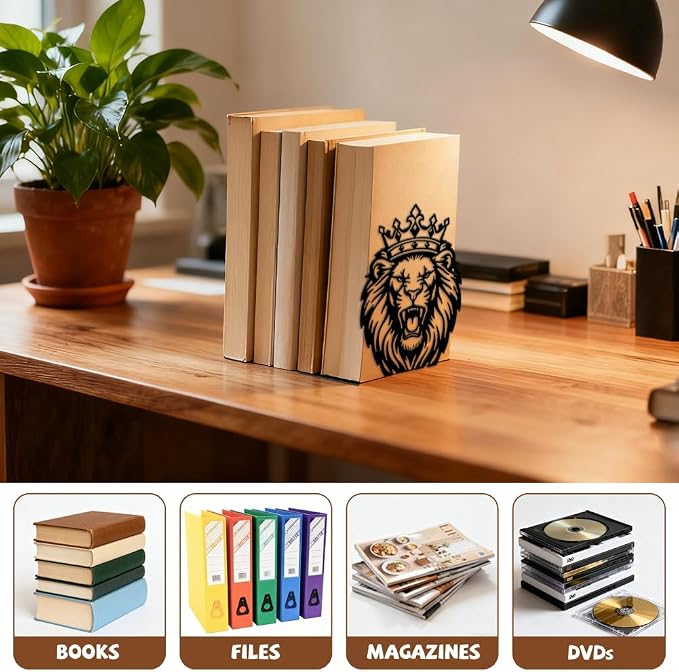 Peacoblue Metal Bookends for Shelves, Modern Decorative Heavy Duty Study Book Ends Stoppers for Office Desk Shelf, Room 5.3"x4.3"x7.1" Cast Iron Tall Bookends 1 Pair (Lion with Crown)