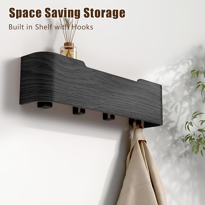Coat Rack Wall Mount with Hidden Hooks, Wall Hooks with Shelf, Wall Key Holder Mount Wooden Shelf Entryway Hooks for Bedroom Bathroom for Hanging Coats Hats Bags Towels (Black, 4 Hooks)