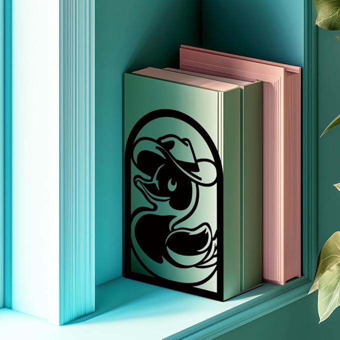 INFUNLY 1 Pair Metal Book Ends for Shelves Cartoon Duck Heavy Duty Bookshelf Holder Stand Black Book Stopper Support for Desktop 7.1x4.7x3.5 for Home Office Library School Kitchen Decor