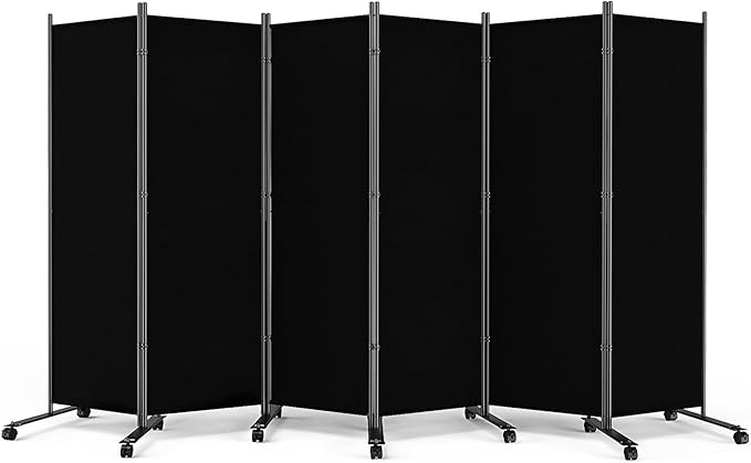 SUNALLY Room Divider 6FT Folding Privacy Screens with Lockable Wheels, 6 Panel Room Partition for Room Separator, 132" W Freestanding Portable Fabric Wall Dividers for Home Dorm Studio Office, Black