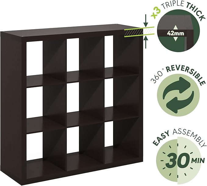 Furinno Cubicle Book Shelf, 9-Cube Bookshelf, Triple Thick Frame Cube Storage Organizer, 1.65" Bookcase, 15.4" x 43.8" x 43.4", for Home Office, Living Room, Black Oak