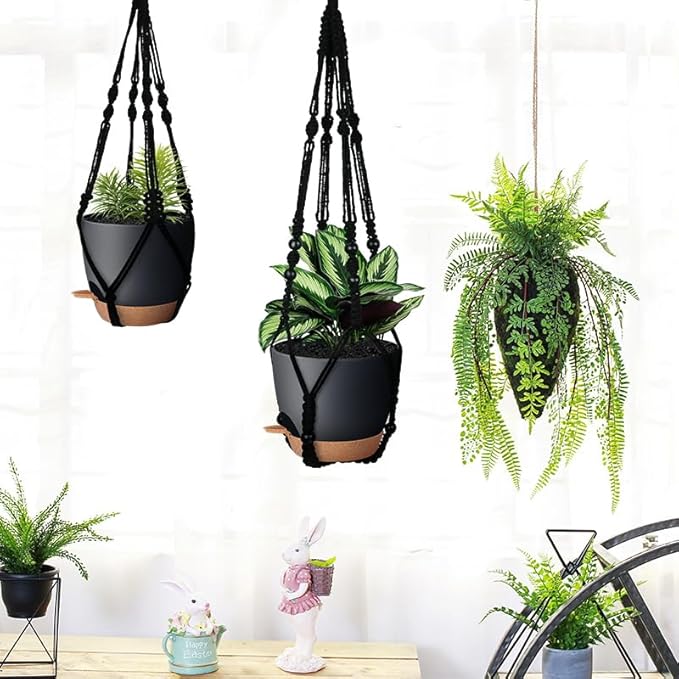 Bouqlife 3 Pack Self Watering Hanging Planters Macrame Plant Hangers with Indoor Flower Pots, 3 Different Size Hanging Basket, Plant Hanger with Hooks for Garden Home Decor Black